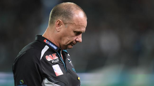 Power coach Ken Hinkley shows his disappointment after losing to Geelong on Saturday. Picture: AAP