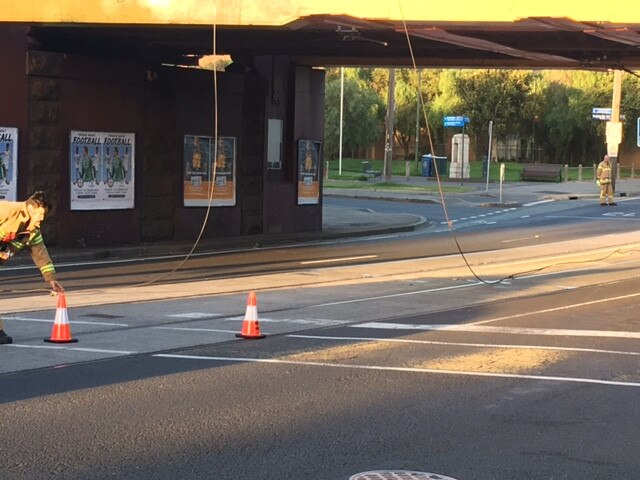 Overhead tram lines down at Newmarket bridge on Racecourse Rd, Flemington. Picture: Supplied