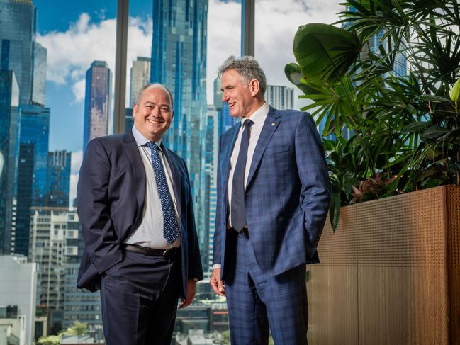 Andrew Irvine, left, with the man he will replace as NAB chief, Ross McEwan, in Melbourne on Wednesday. Picture: Eamon Gallagher