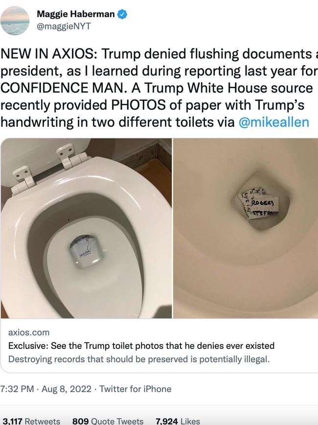 Tweet of Axios story about White House documents being flushed in the toilet by Donald Trump. Picture: AXIOS