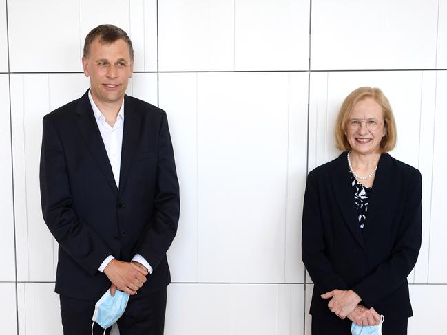 Outgoing Queensland Chief Health Officer Dr Jeannette Young with her one-time replacement Dr Krispin Hajkowicz. Picture: NCA NewsWire / Dan Peled