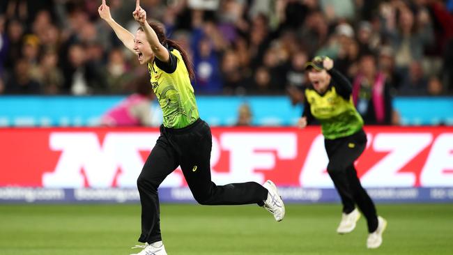 Megan Schutt celebrates taking the final wicket dismissing India’s Poonam Yadav in the ICC Women's T20 Cricket World Cup Final at the MCG on March 8, 2020. Picture: CAMERON SPENCER/GETTY IMAGES