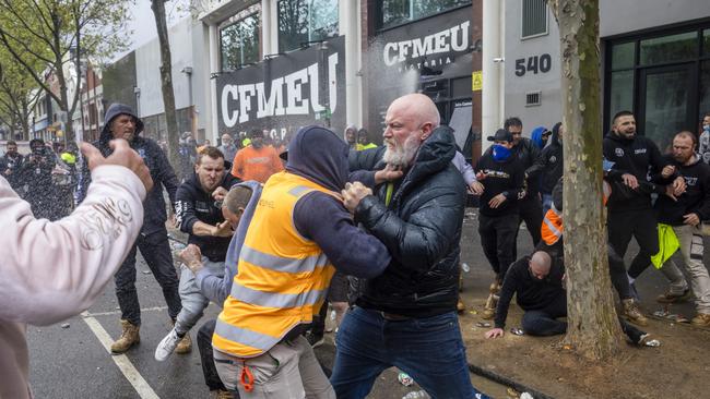 Wild scenes outside the CFMEU headquarters in Melbourne. Picture: David Geraghty