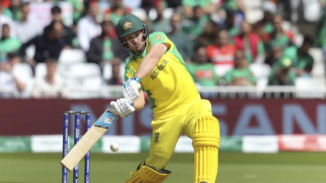 Whack ... Aaron Finch goes long against Bangladesh. Picture: AP