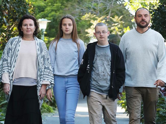 Sally Pougeard-Dulimbert and husband Remi (right), with son Thomas, 16, and daughter Lillah, 14. The family have to travel to Brisbane from far north Queensland regularly for Thomas’ treatment of Wolf Hirschhorn Syndrome. Picture: Liam Kidston