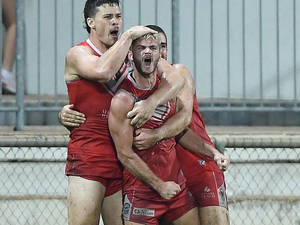 William Collis celebrates a goal against St Mary's. Picture: Felicity Elliott / AFLNT Media