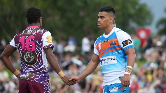 Northern Pride fullback Jahoiyakim Afoa scored 3 tries in his first game against the Yarrabah Seahawks in the curtain raiser match for the pre season NRL game between the South Sydney Rabbitohs and the North Queensland Cowboys. Picture: Brendan Radke