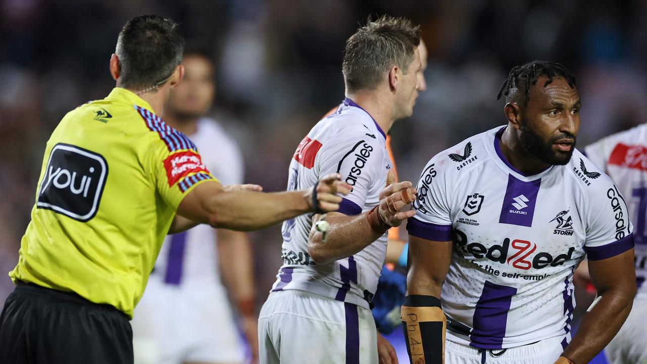 Justin Olam was one of two Storm players sent to the sin bin in the second half. Picture: Getty Images