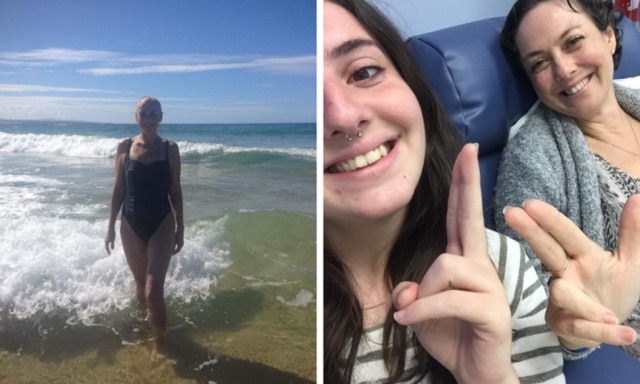 Left: Julia in the ocean after treatment. Right: Julia with one of her daughters while undergoing chemo. Image: that's life! Australia