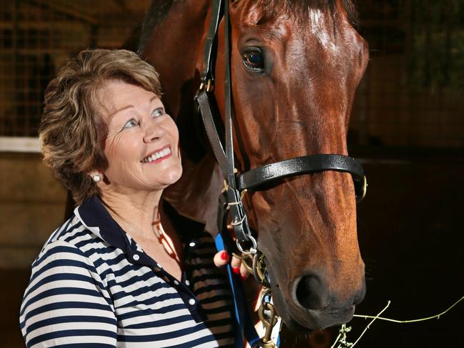 Trainer Helen Page with Rudy the racehorse in the stables before the Prime Ministers Cup day at the Gold Coast Turf Club. Picture Glenn Hampson (Anna's dress by Roksanda, Turban by Anna and Fleur, Shoes by Gucci)