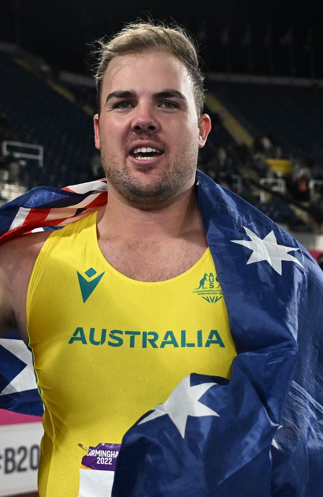 Matthew Denny celebrates after winning the men's discus throw final at the Commonwealth Games in Birmingham in 2022. He threw a personal best of 67.26m. Picture: AFP