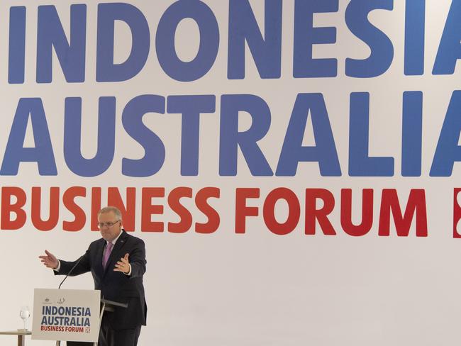 JAKARTA, INDONESIA - SEPTEMBER 1: Australian Prime Minister Scott Morrison speaks to an audience of Indonesian and Australian business people on September 1, 2018 in Jakarta, Indonesia. Morrison is making his first foreign visit as Prime minister to Indonesia where he met with Indonesian President Joko Widodo to discuss a pending trade agreement.  (Photo by Ed Wray/Getty Images)