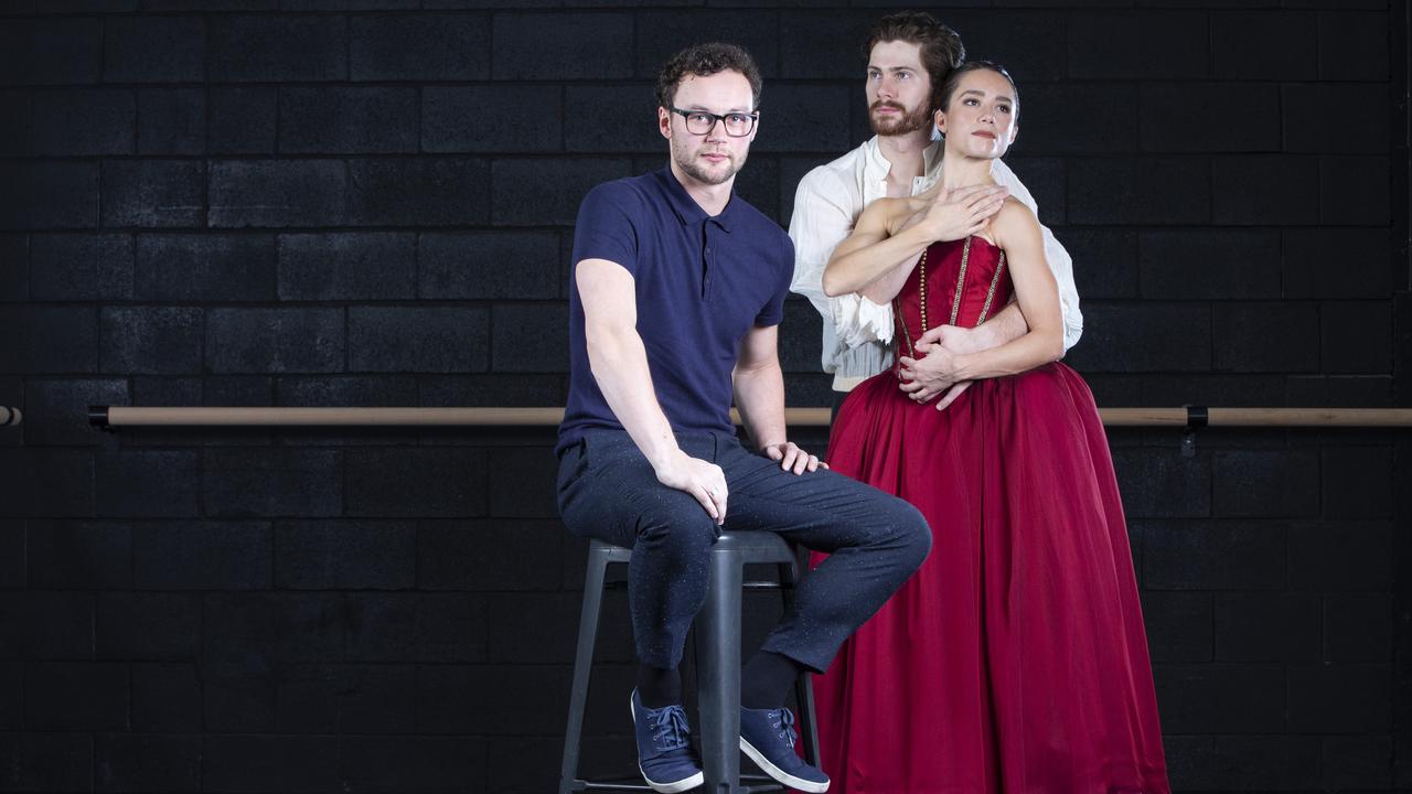 Queensland Ballet choreographer Liam Scarlett with soloist Alexander Idaszak and principal dancer Lucy Green at Queensland Ballet. Picture: AAP Image/Renae Droop