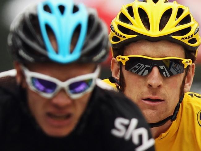 19/07/2012 WIRE: PEYRAGUDES, FRANCE - JULY 19: Chris Froome of Great Britain and SKY Procycling leads team mate and race leader Bradley Wiggins over the line on stage seventeen of the 2012 Tour de France from Bagneres-de-Luchon to Peyragudes on July 19, 2012 in Bagneres-de-Luchon, France. (Photo by Bryn Lennon/Getty Images) Pic. Images Getty