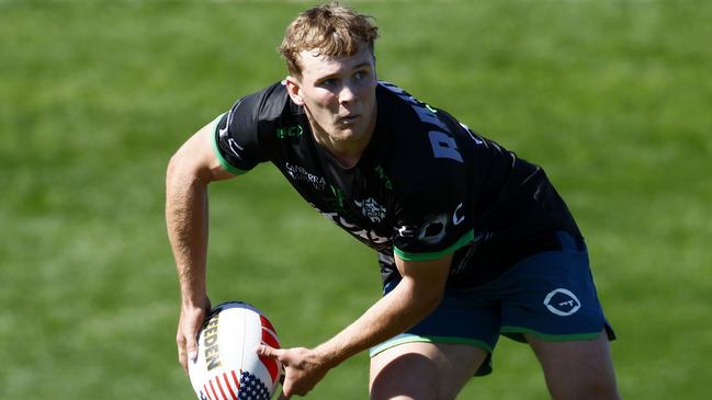 DAILY TELEGRAPH FEBRUARY 24, 2025. Canberra Raiders player Owen Pattie during their training session at Kellogg Zaher Field in Las Vegas. Picture: Jonathan Ng