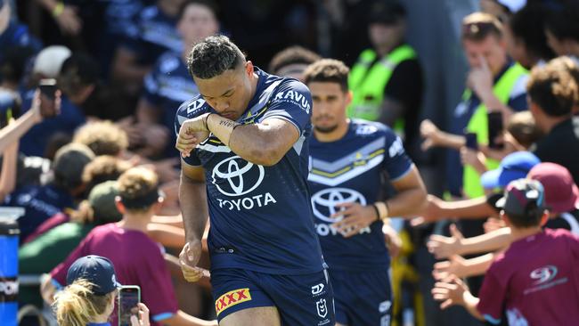 Cowboy Kulikefu Finefeuiaki runs out to play the Broncos. Picture: NRL Photos