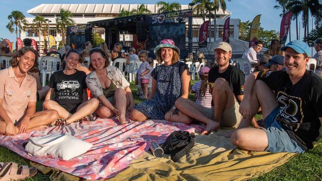 Sarah Cutting, Clare Haynes, Lucina Nixon-Lloyd, Maddy Brodie, Dante Kurth and Jordan Taylor at the Northern Land Council 50 Year Anniversary Concert in State Square, Parliament House, Darwin. Picture: Pema Tamang Pakhrin