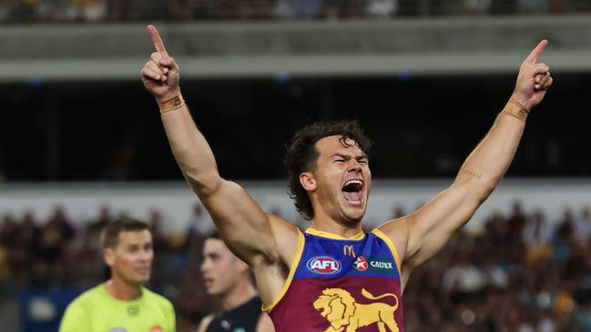 Cam Rayner celebrates a goal in the last quarter of the elimination final between the Brisbane Lions and Carlton at the Gabba. Picture Lachie Millard