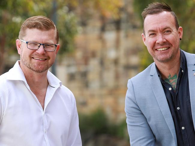 Westpac IT worker Jamie Ingram  dubbed "chairman" and Jase Shore dubbed "crate man" in Pyrmont today. They have been nominated for Pride of Australia. The pair were some of the heroes involved in taking down Mert Ney during the Sydney stabbing attack. Picture:Justin Lloyd