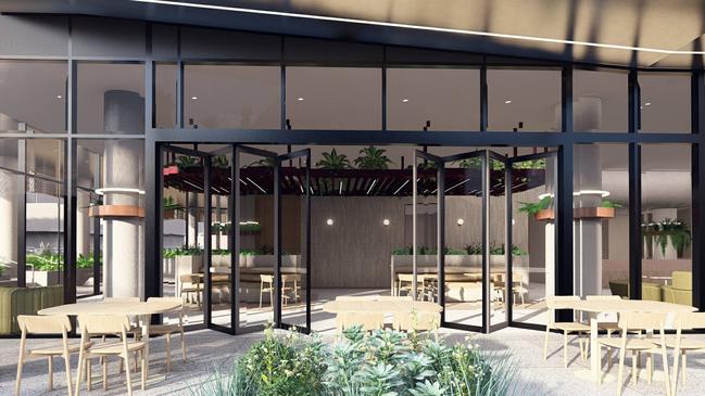 Artist impression of the lobby and cafe area for the proposed 33-storey student accommodation tower for Trinity Church on North Tce. Picture: Brown Falconer