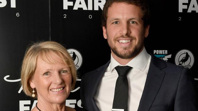 Boak with his mum Chicki at a Port Adelaide best-and-fairest count. Picture: Naomi Jellicoe