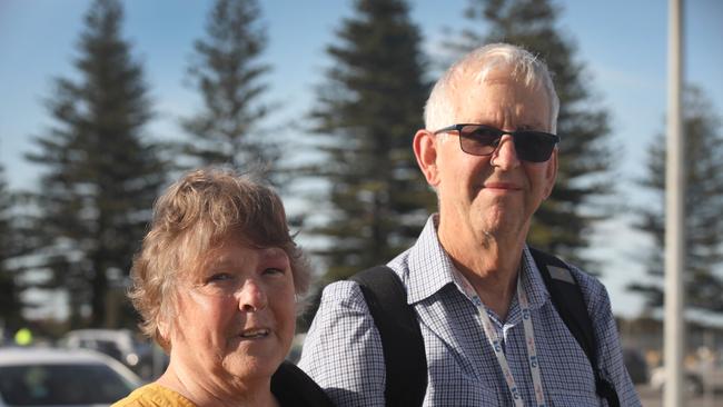 Passengers Kay and Tony Forder disembarking from the ship on Monday. Picture: Dean Martin