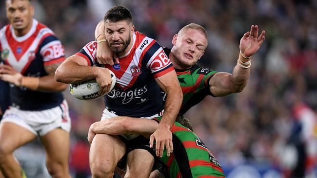 James Tedesco on the charge for the Roosters against the Rabbitohs during the NRL preliminary final at Allianz Stadium. Picture: AAP