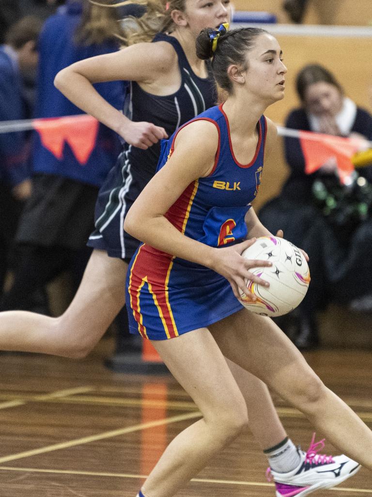 Genevieve Hyde of Downlands Junior A against St Ursula's Junior A in Merici-Chevalier Cup netball at Salo Centre, Friday, July 19, 2024. Picture: Kevin Farmer