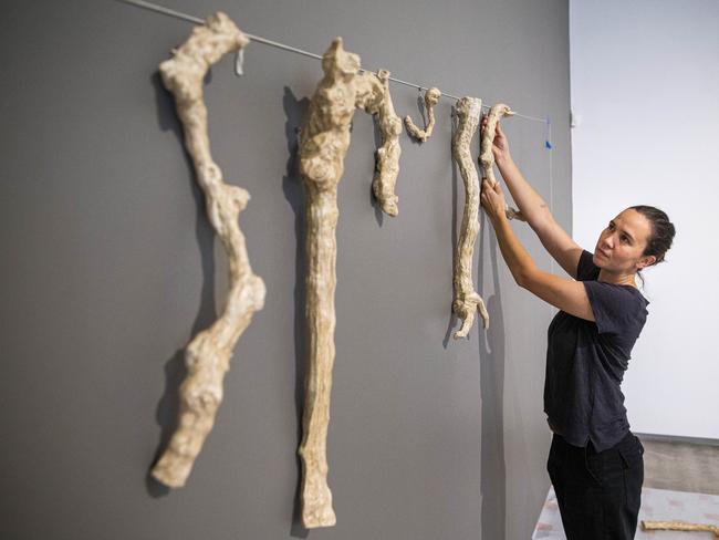 Artist Yasmin Smith installing <i>Terroir, </i>2020, inside the TarraWarra Museum. Picture: Aaron Francis