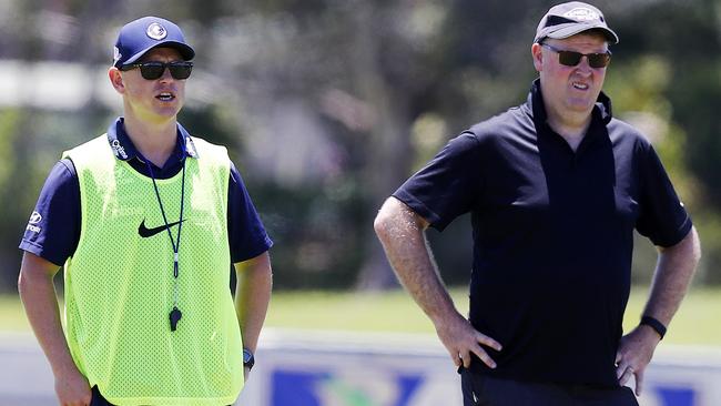 Carlton coach Brendon Bolton and Herald Sun journalist Glenn McFarlane at the Blues’ training camp on the Sunshine Coast. Pic: Michael Klein