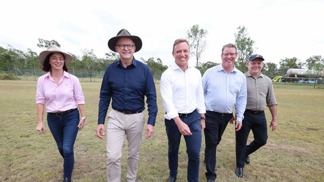 Brittney Lauga, Anthony Albanese, Steven Miles, Barry O’Rourke and Murray Watt in Rockhampton. Photo Annette Dew