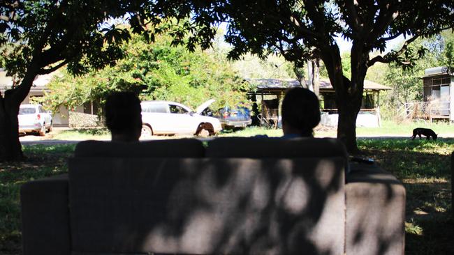 Evacuees from Nauiyu/Daly River who have been forced to take refuge in Adelaide River after they say their homes were raided by the Jovi Boys. Picture: Jason Walls