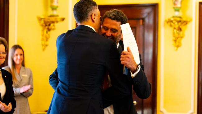 Kyam Maher embraces Premier Peter Malinauskas after being sworn into the Ministry. Picture: NCA NewsWire/Morgan Sette