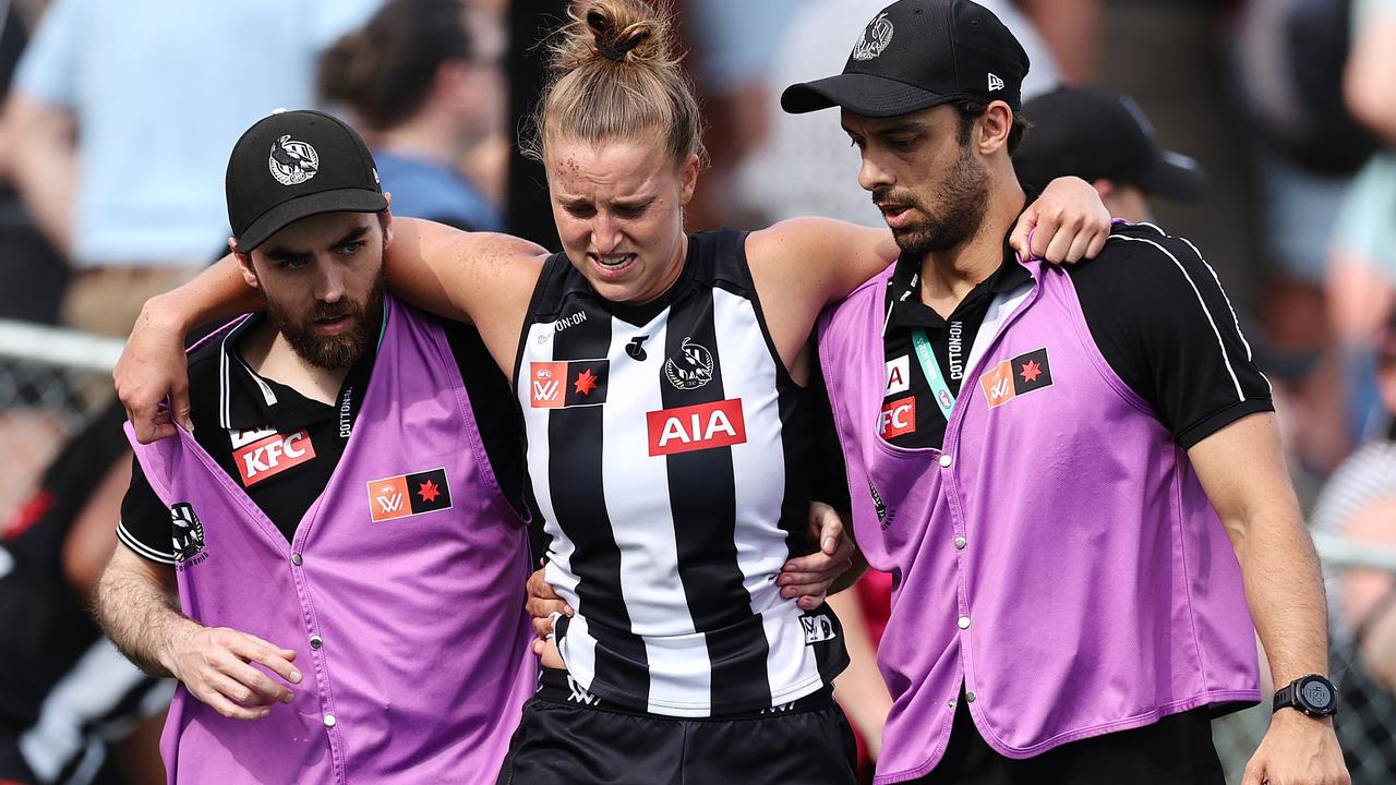 Ruby Schleicher comes off after injuring her knee late in the game. Picture: Michael Klein