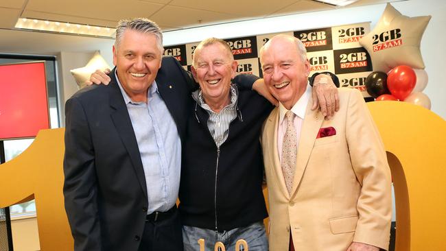 Ray Hadley, John Singleton and Alan Jones at 2GB in Pyrmont. Picture: James Croucher