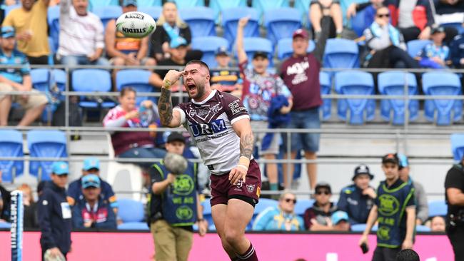 Curtis Sironen of the Sea Eagles reacts after scoring a try. Picture: AAP Image