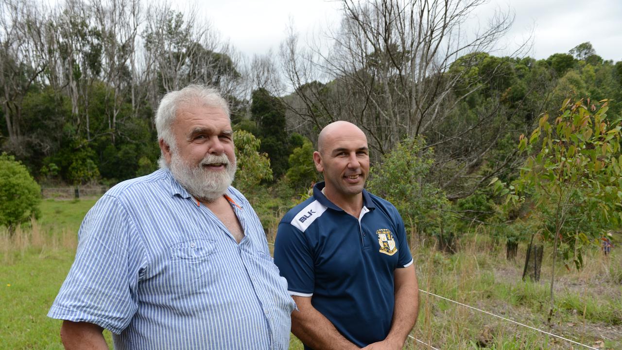 Father and son Frank and Max Binkley at their Binna Burra property. Frank began an effort to plant more koala food trees on the property three years ago and his son, a teacher at Mullumbimby High School, has continued this with a new project, Trees for Koalas - Connecting Communities. The project is aimed at increasing the number of koala food trees on private properties within the Byron Shire. The group toured a Binna Burra property on Tuesday, October 27, before planting 400 new koala food trees to build upon existing plantation works. Picture: Liana Boss