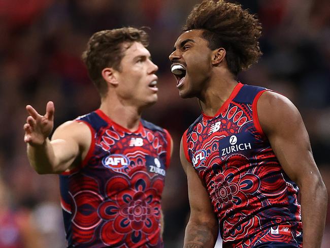 SYDNEY, AUSTRALIA - JUNE 04: Kysaiah Pickett of the Demons celebrates kicking a goal during the round 12 AFL match between the Melbourne Demons and the Brisbane Lions at GIANTS Stadium on June 04, 2021 in Sydney, Australia. (Photo by Cameron Spencer/AFL Photos/via Getty Images)