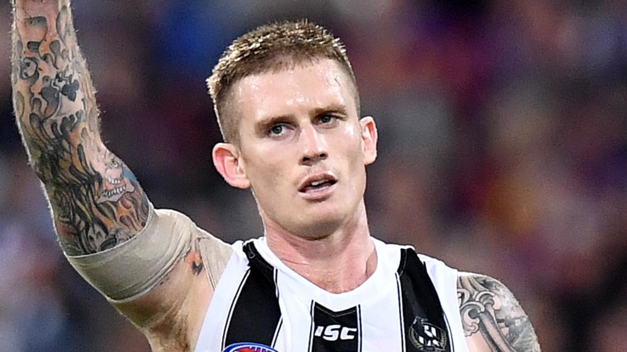 BRISBANE, AUSTRALIA - APRIL 18: Dayne Beams of the Magpies celebrates kicking a goal during the round 5 AFL match between Brisbane and Collingwood at The Gabba on April 18, 2019 in Brisbane, Australia. (Photo by Bradley Kanaris/AFL Photos/Getty Images)