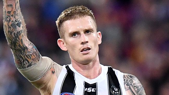 BRISBANE, AUSTRALIA - APRIL 18: Dayne Beams of the Magpies celebrates kicking a goal during the round 5 AFL match between Brisbane and Collingwood at The Gabba on April 18, 2019 in Brisbane, Australia. (Photo by Bradley Kanaris/AFL Photos/Getty Images)