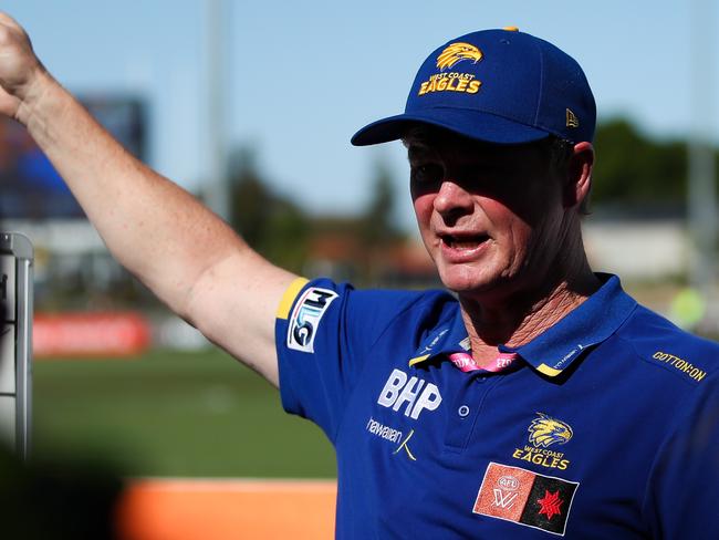 PERTH, AUSTRALIA - OCTOBER 15: Michael Prior, Senior Coach of the Eagles addresses his players during the 2023 AFLW Round 07 match between the West Coast Eagles and Naarm (the Melbourne Demons) at Mineral Resources Park on October 14, 2023 in Perth, Australia. (Photo by Gary Day/AFL Photos via Getty Images)