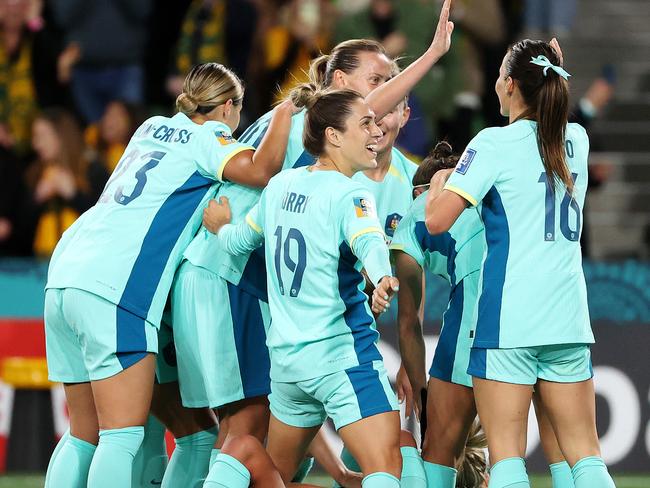 MELBOURNE, JULY 31, 2023: 2023 Fifa Womens World Cup - Australia V Canada. Australia celebrates prematurely as a goal attempt was called off side during the match at Melbourne Rectangular Stadium. Picture: Mark Stewart