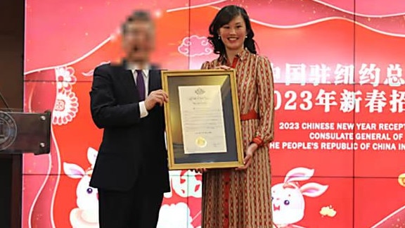 Linda Sun, a former aide to New York Gov. Kathy Hochul, with a Chinese official in 2023. The Justice Department has blurred the official’s face. Photo: US Justice Department