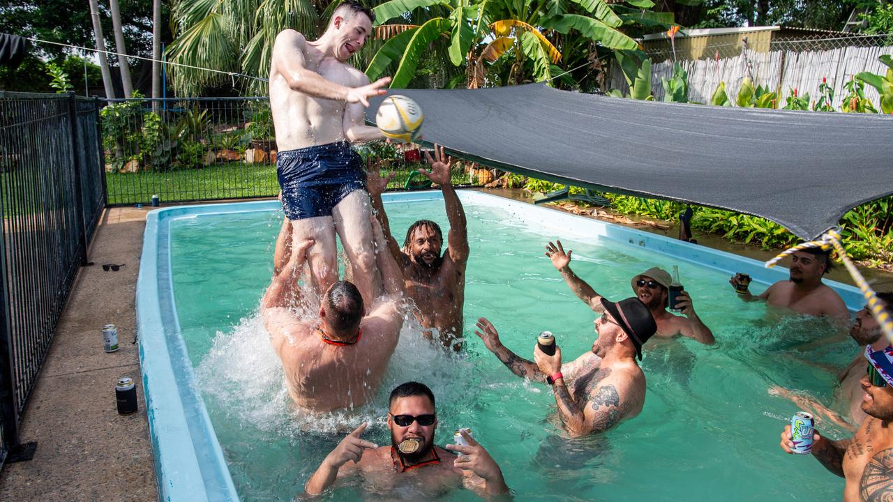 The Casuarina Cougar men were still celebrating hard on Monday following their back to back NTRU A-Grade championship win. Picture: Pema Tamang Pakhrin