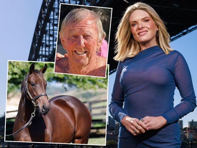 John Singleton, right, has purchased an I Am Invincible ex Lucia Valentina filly, left, gifting Erin Molan, centre, a percentage to own it. Pictures: Supplied/News Corp