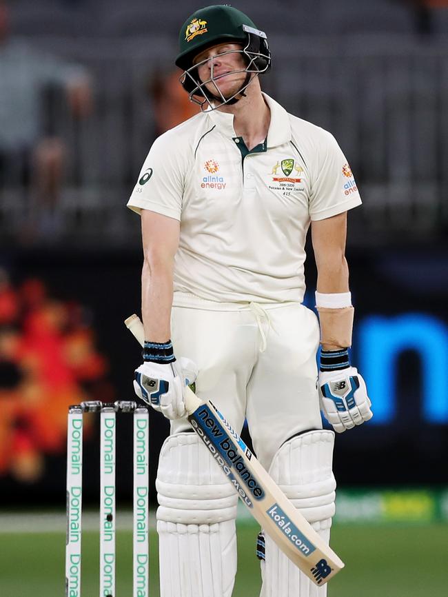 Steve Smith shows his disappointment after being dismissed in Perth.