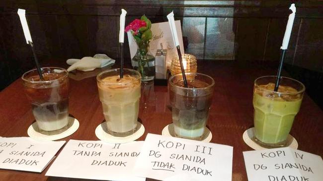 Cups of Vietnamese iced coffee used during a police reconstruction of the murder of Mirna Salihin at the Cafe Olivier in Jakarta. Salihin died after drinking an iced coffee laced with cyanide. Picture: Supplied