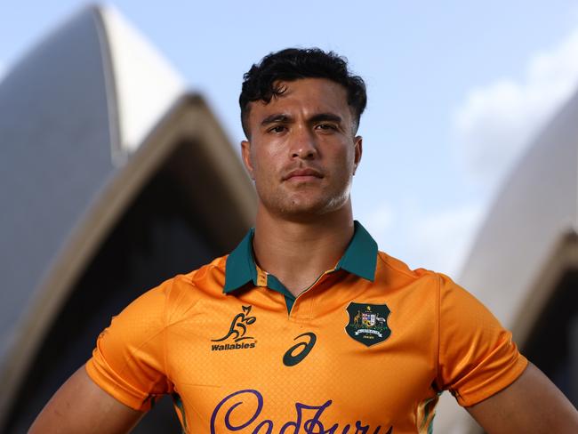 SYDNEY, AUSTRALIA - OCTOBER 29: Joseph-Aukuso Suaalii poses during the Wallabies jersey launch for the 2025 British & Irish Lions Tour at The Royal Botanic Gardens on October 29, 2024 in Sydney, Australia. (Photo by Jason McCawley/Getty Images)