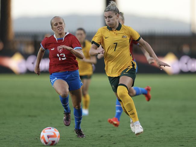 Steph Catley streets away with the ball against Czechia. Picture: Cameron Spencer/Getty Images