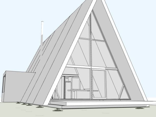 An artist's render of the A-frame accommodation David Walsh wants to build on his property at Bream Creek. Picture: Nonda Katsalidis Architects